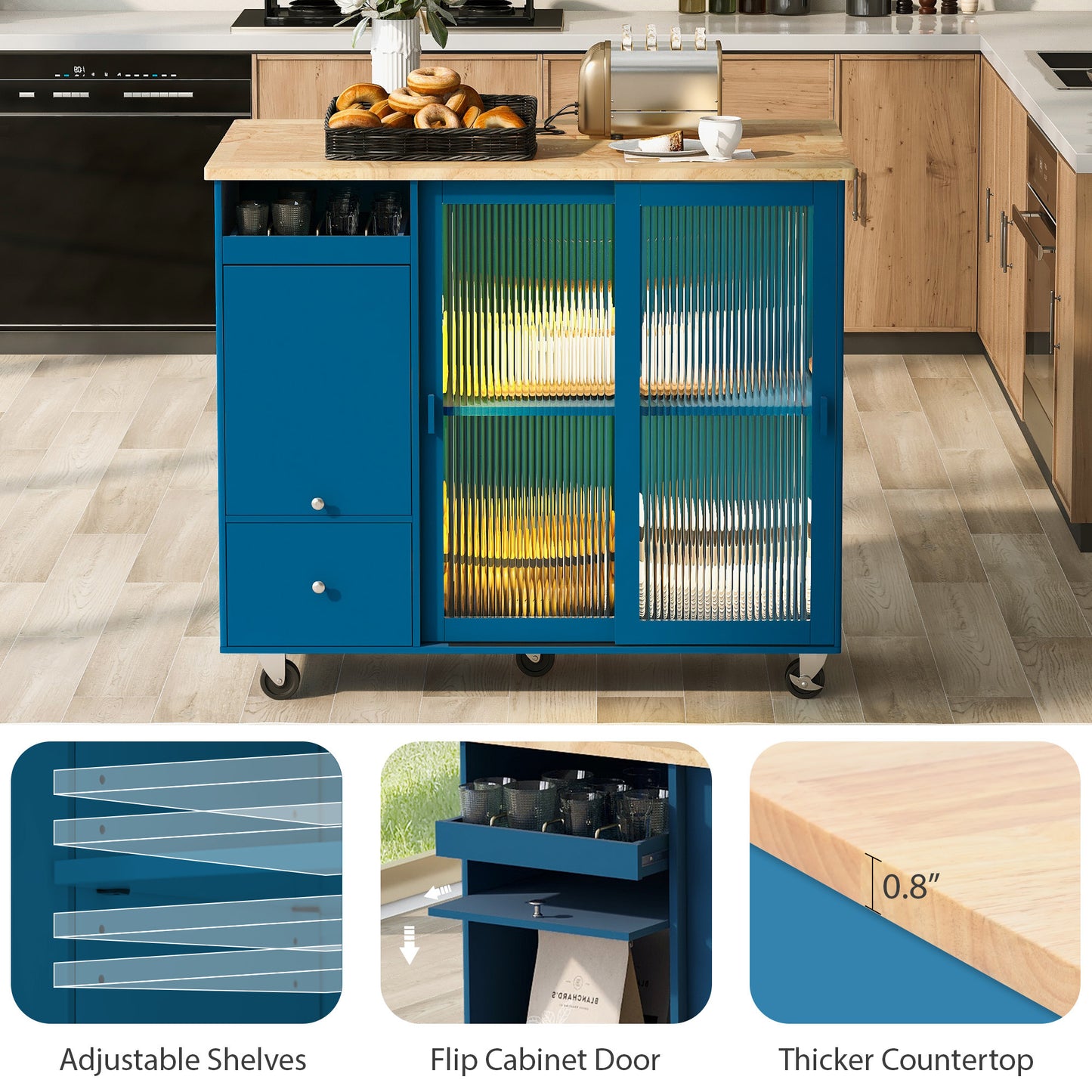 Kitchen Island with Drop Leaf, LED Light Kitchen Cart on Wheels with 2 Fluted Glass Doors and 1 Flip Cabinet Door, Large Kitchen Island Cart with an Adjustable Shelf and 2 Drawers (Navy Blue)