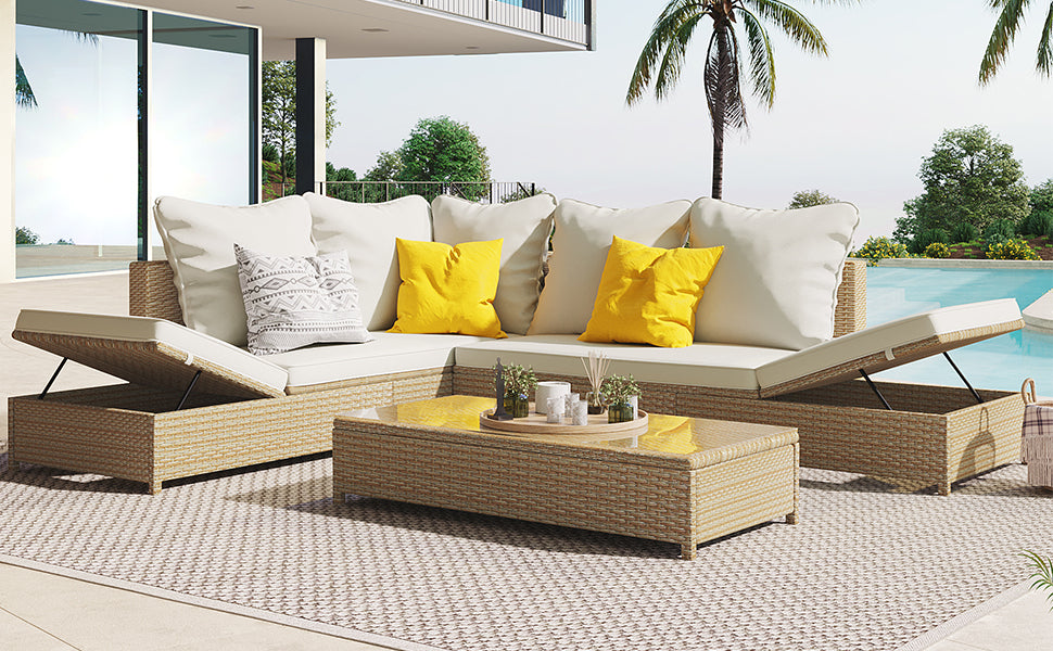 TOPMAX Patio 3-Piece Rattan Sofa Set All Weather PE Wicker Sectional Set with Adjustable Chaise Lounge Frame and Tempered Glass Table, Natural Brown+ Beige Cushion