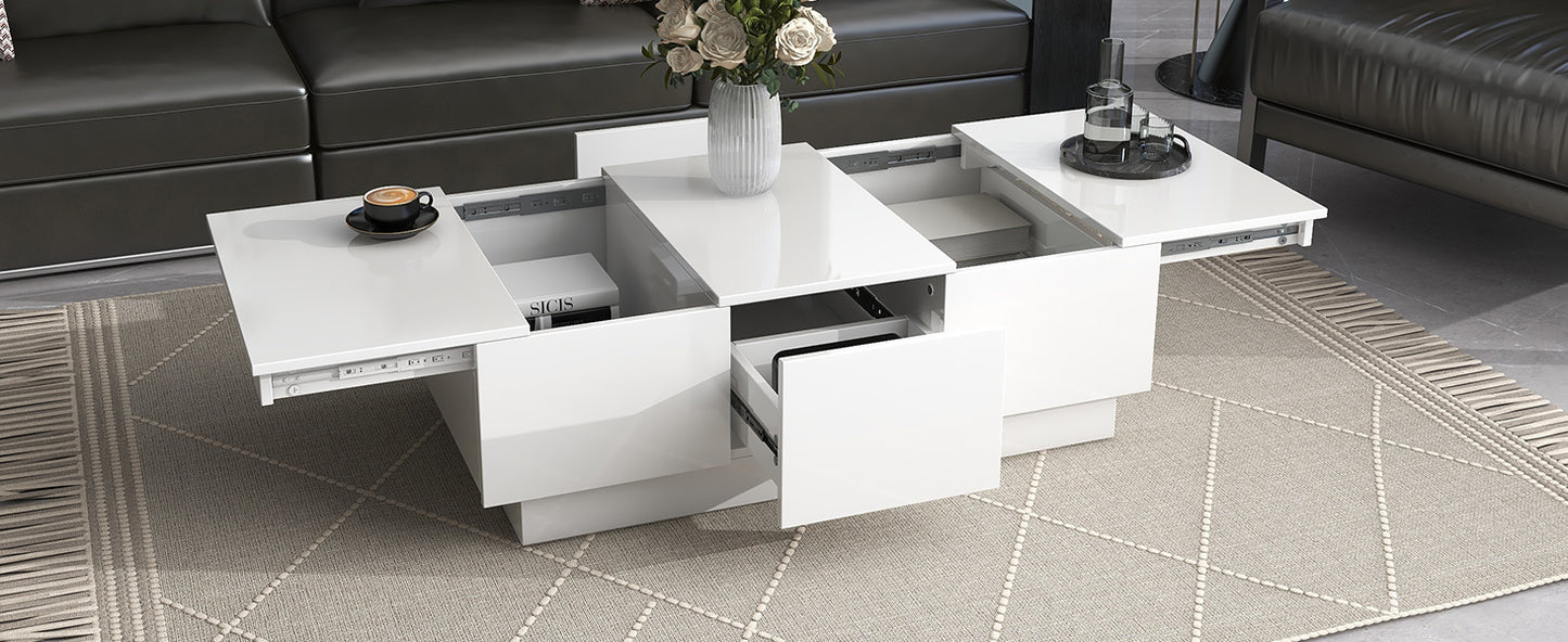 ON-TREND Multifunctional Coffee Table with 2 large Hidden Storage Compartment, Extendable Cocktail Table with 2 Drawers, High-gloss Center Table with Sliding Top for Living Room, 39.3"x21.6", White