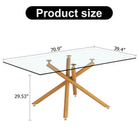 Large Modern Minimalist Rectangular Glass Dining Table for 6-8 with 0.39" Tempered Glass Tabletop and Wood color Metal Legs, for Kitchen Dining Living Meeting Room Banquet hall, 71" W x 39" D x 301537