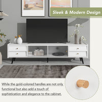 ON-TREND Contemporary TV Stand with Sliding Fluted Glass Doors, Slanted Drawers Media Console for TVs Up to 70", Chic Elegant TV Cabinet with Golden Metal Handles , White