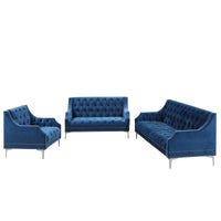 Modern three-piece sofa set with metal legs, buttoned tufted backrest, frosted velvet upholstered sofa set including three-seater sofa, double seater and living room furniture set Single chair