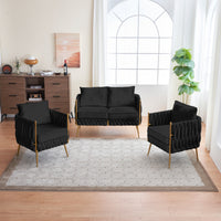 Comfy Handmade Bucket Woven Fluffy Tufted Upholstered Sofa Set Living Room, 2 Accent Chair and 1 Two Seater Sofa , Black Velvet