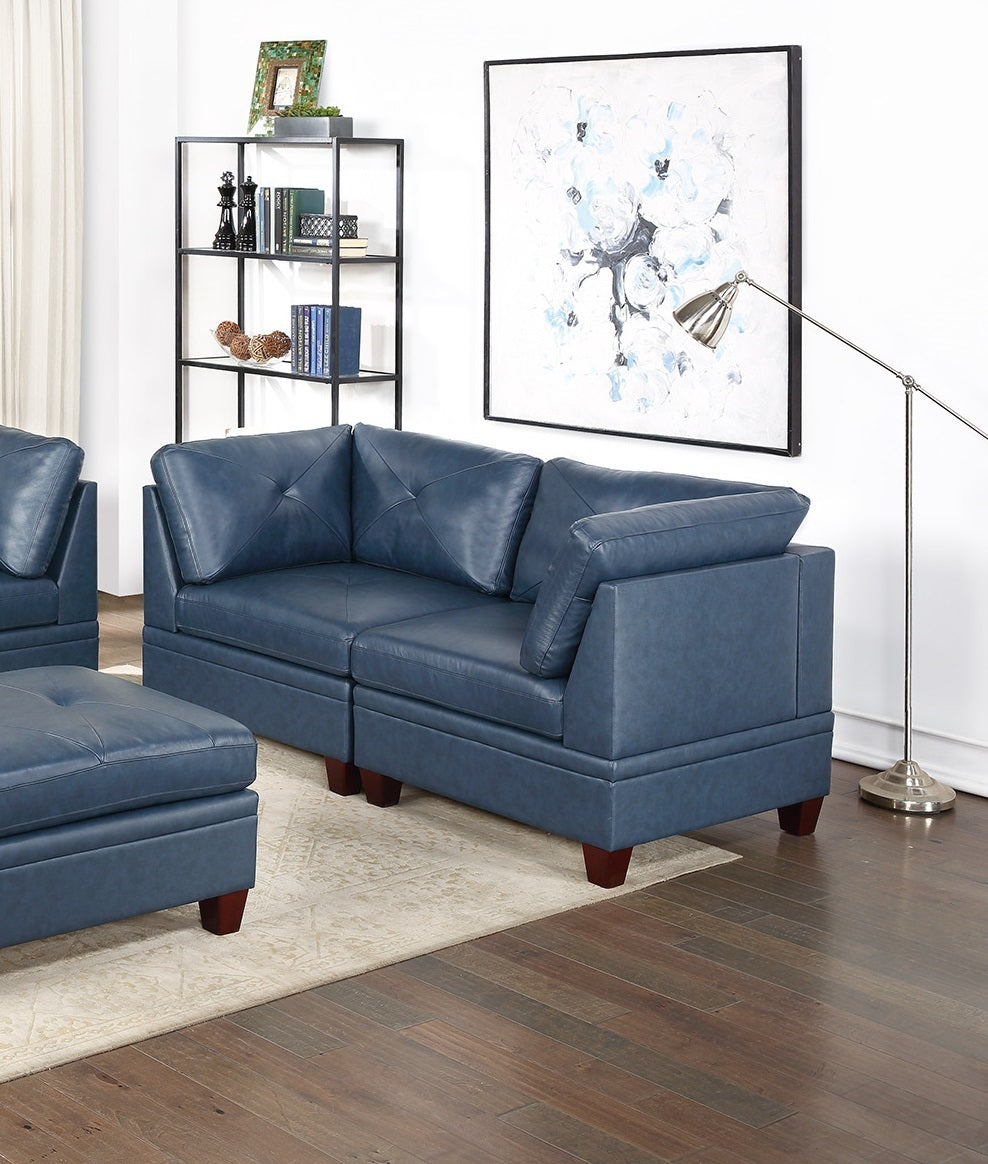 Genuine Leather Ink Blue Tufted 6pc Modular Sofa Set 4x Corner Wedge 1x Armless Chair 1x Ottoman Living Room Furniture Sofa Couch