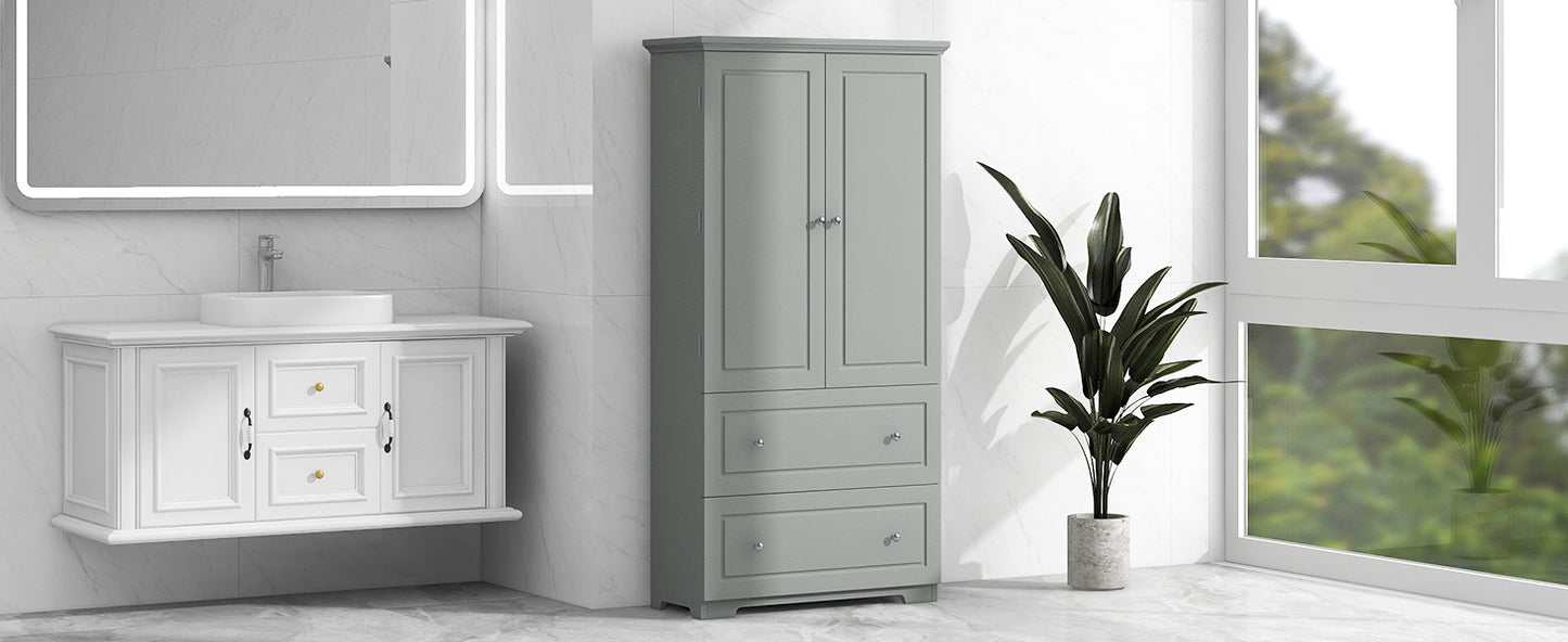 Wide Bathroom Storage Cabinet, Freestanding Storage Cabinet with Two Drawers and Adjustable Shelf, MDF Board with Painted Finish, Grey