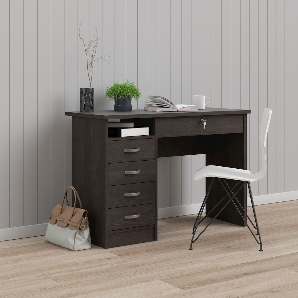 Modern Desk with 5 Storage Drawers for Living Room or Home Office, Dark Chocolate