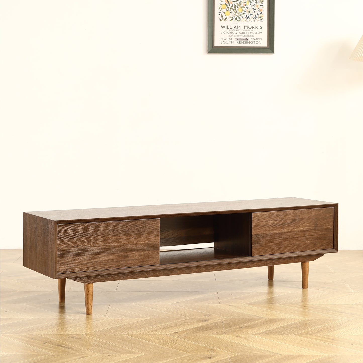 Modern 63 Inch TV Cabinet with Black Walnut Finish and Solid Wood Legs