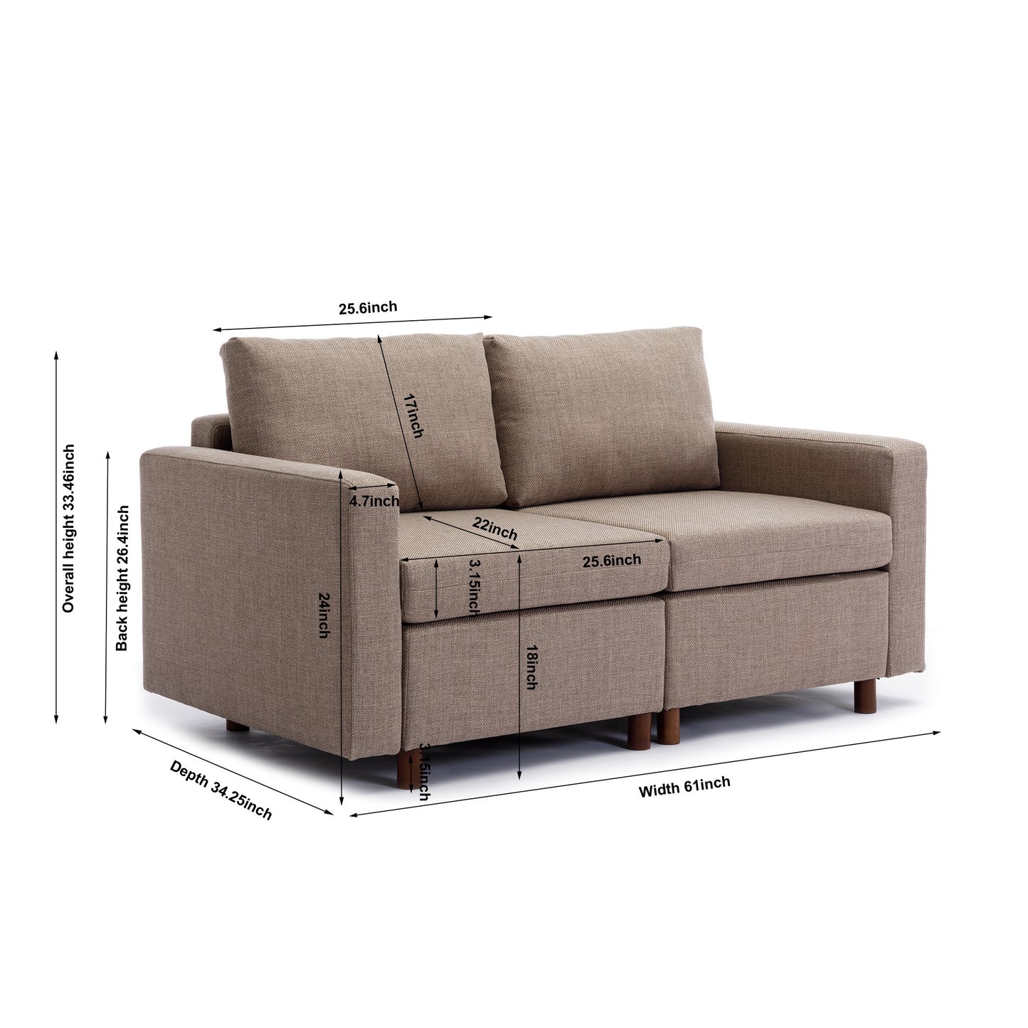 2 Seat Module Sectional Sofa Couch With 1 Ottoman for living room,Seat Cushion and Back Cushion Non-Removable and Non-Washable,Brown