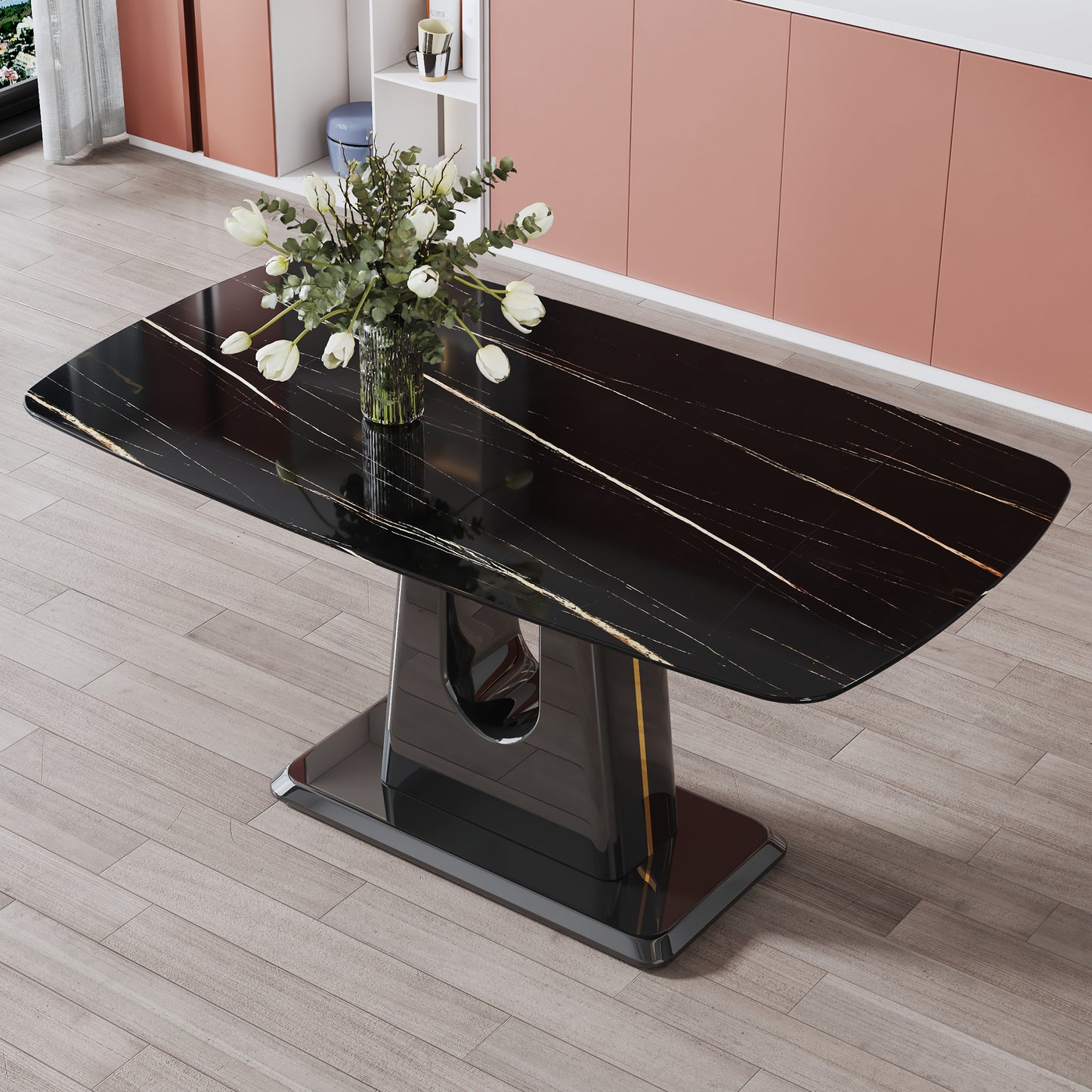 A modern, minimalist, and luxurious table. A black imitation marble tabletop with MDF U-shaped legs. Dining table, computer table. For restaurants and living rooms 63" * 35.4"* 30" F-U