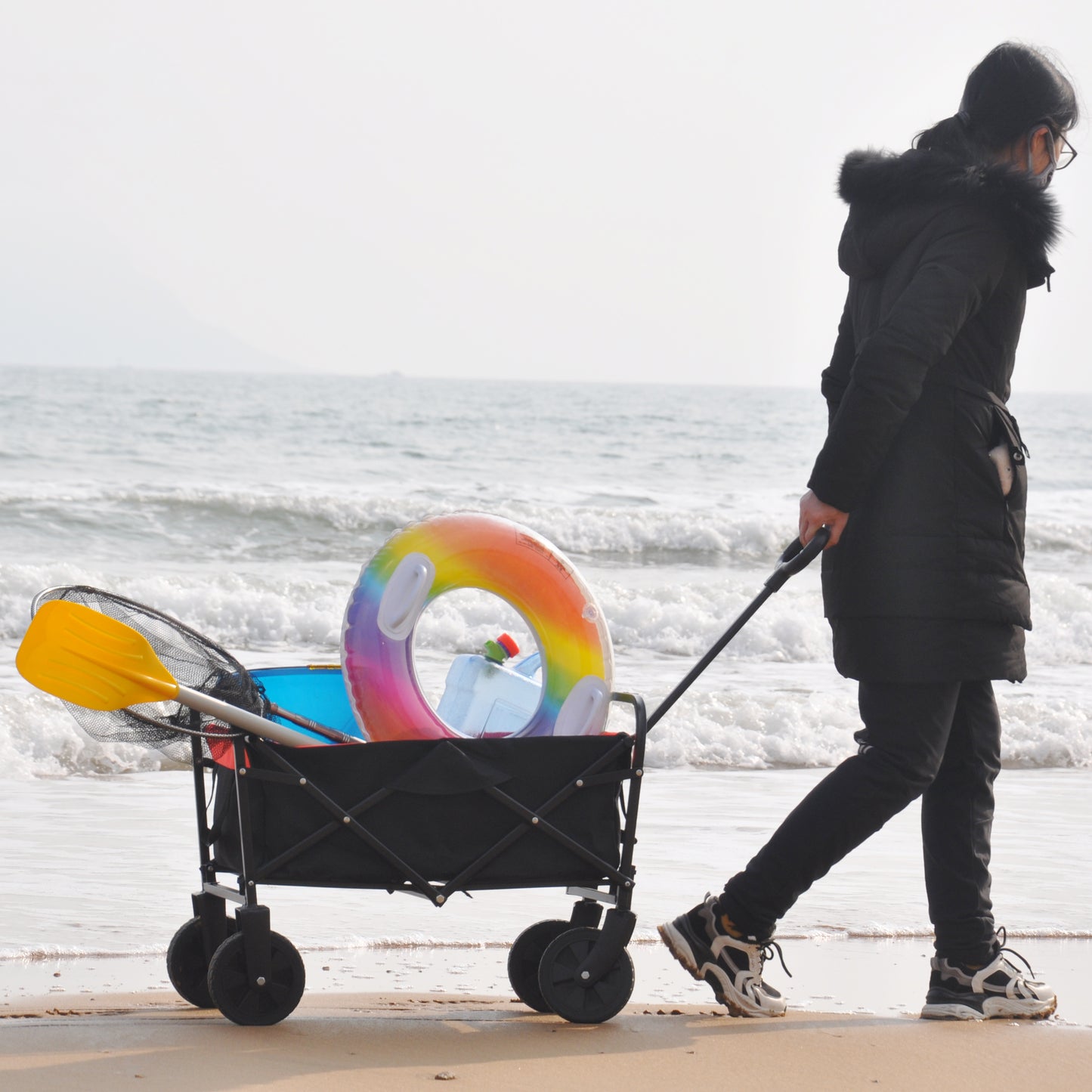 Folding Wagon Garden Shopping Beach Cart （black+yellow）