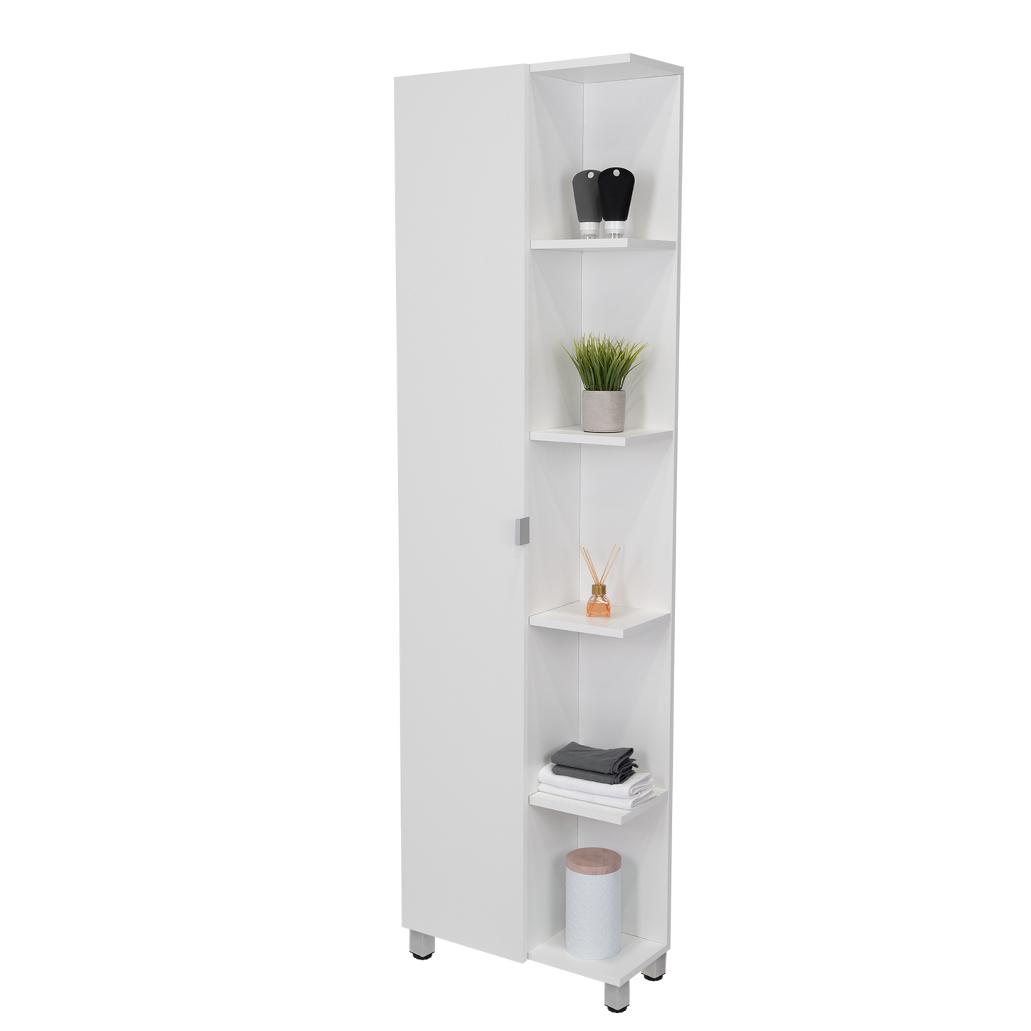 Corner Cabinet Womppi, Five Open Shelves, Single Door, White Finish