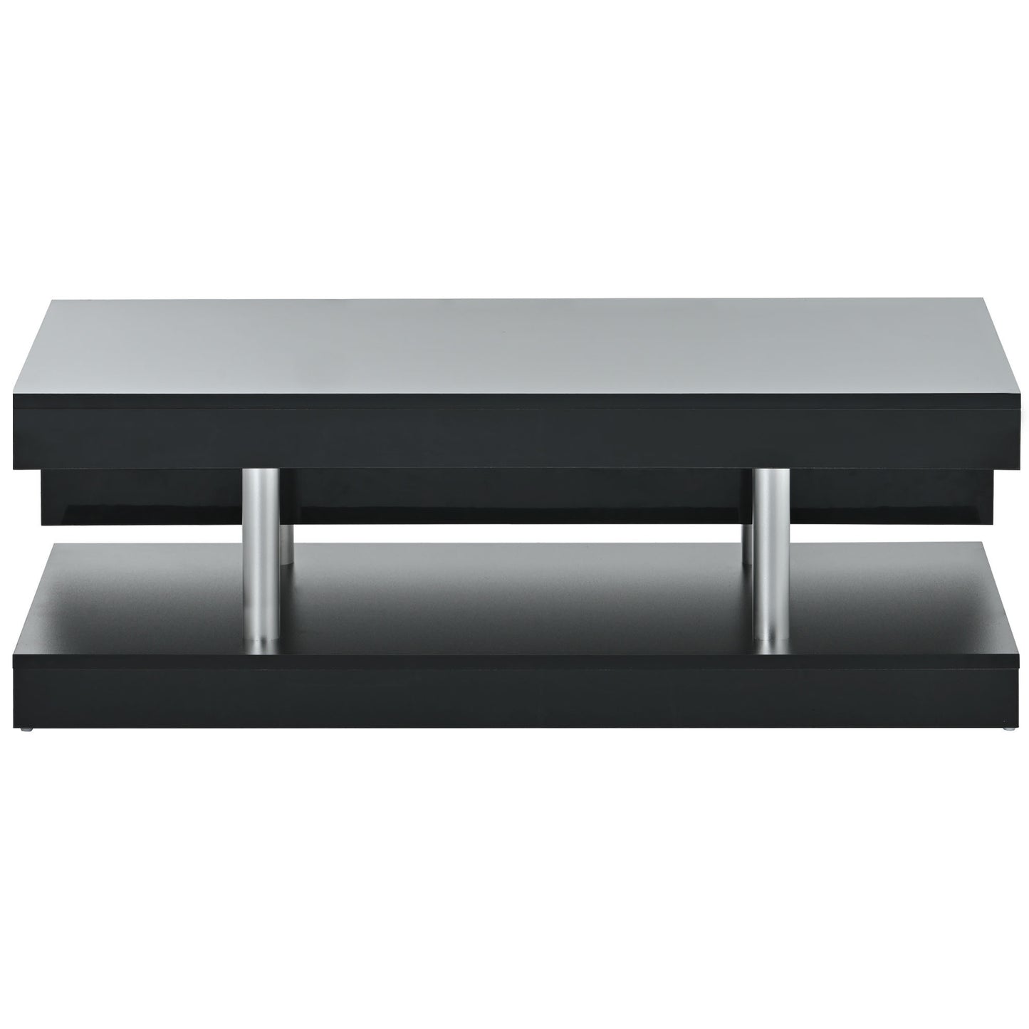 ON-TREND Modern 2-Tier Coffee Table with Silver Metal Legs, Rectangle Cocktail Table with High-gloss UV Surface, Minimalist Design Center Table for Living Room, Black