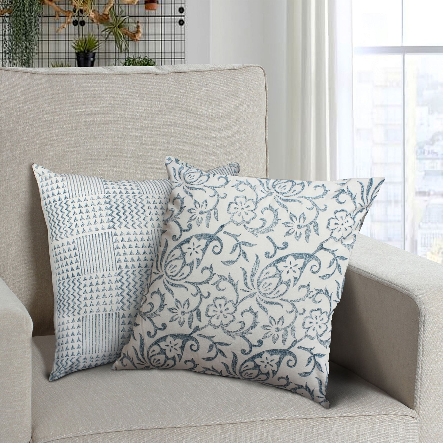 18 x 18 Square Cotton Accent Throw Pillow, Paisley Floral and Square Patterns, Set of 2, White, Blue