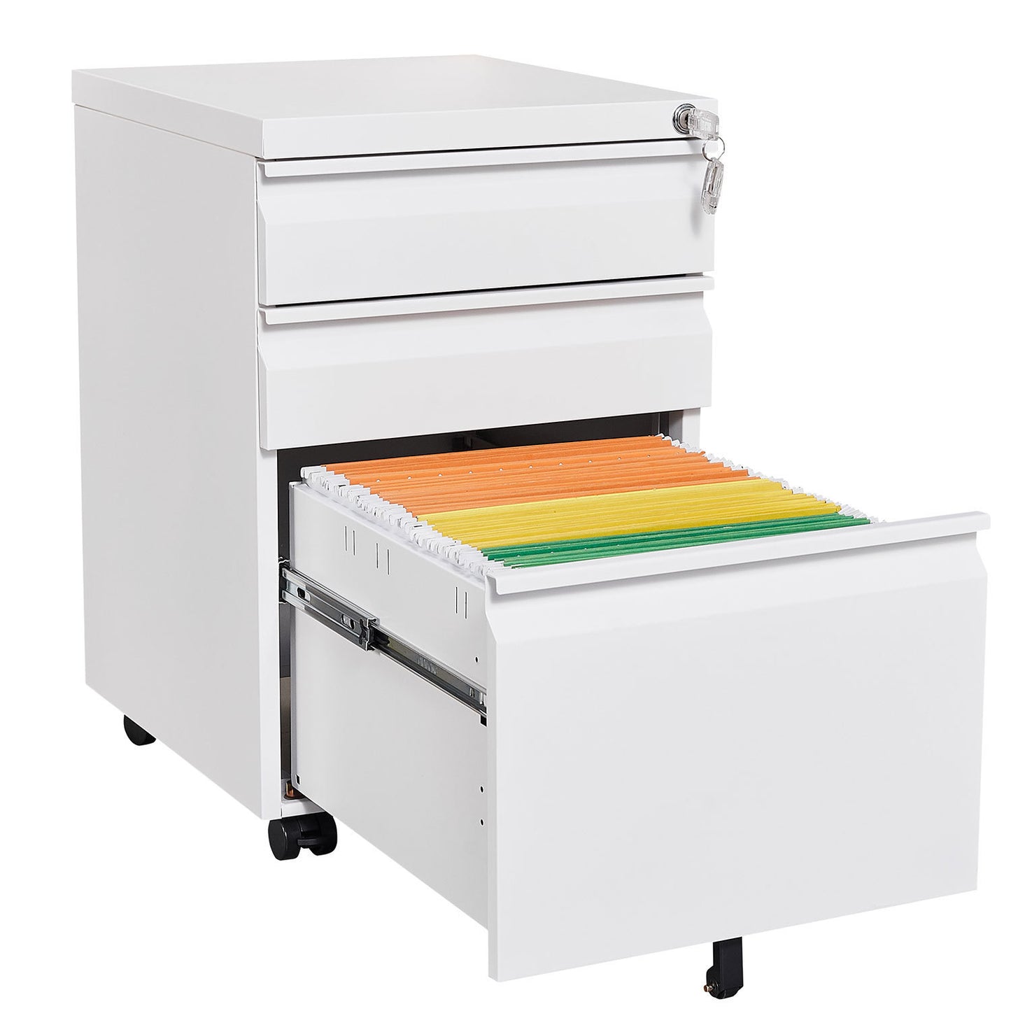 3-Drawer Mobile File Cabinet with Lock, Office Storage Filing Cabinet for Legal/Letter Size, Pre-Assembled Metal File Cabinet Except Wheels Under Desk(White)