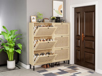 Natural  Rattan 3 Door Shoe Rack, Freestanding Modern Shoe Storage Cabinet, for Entryway