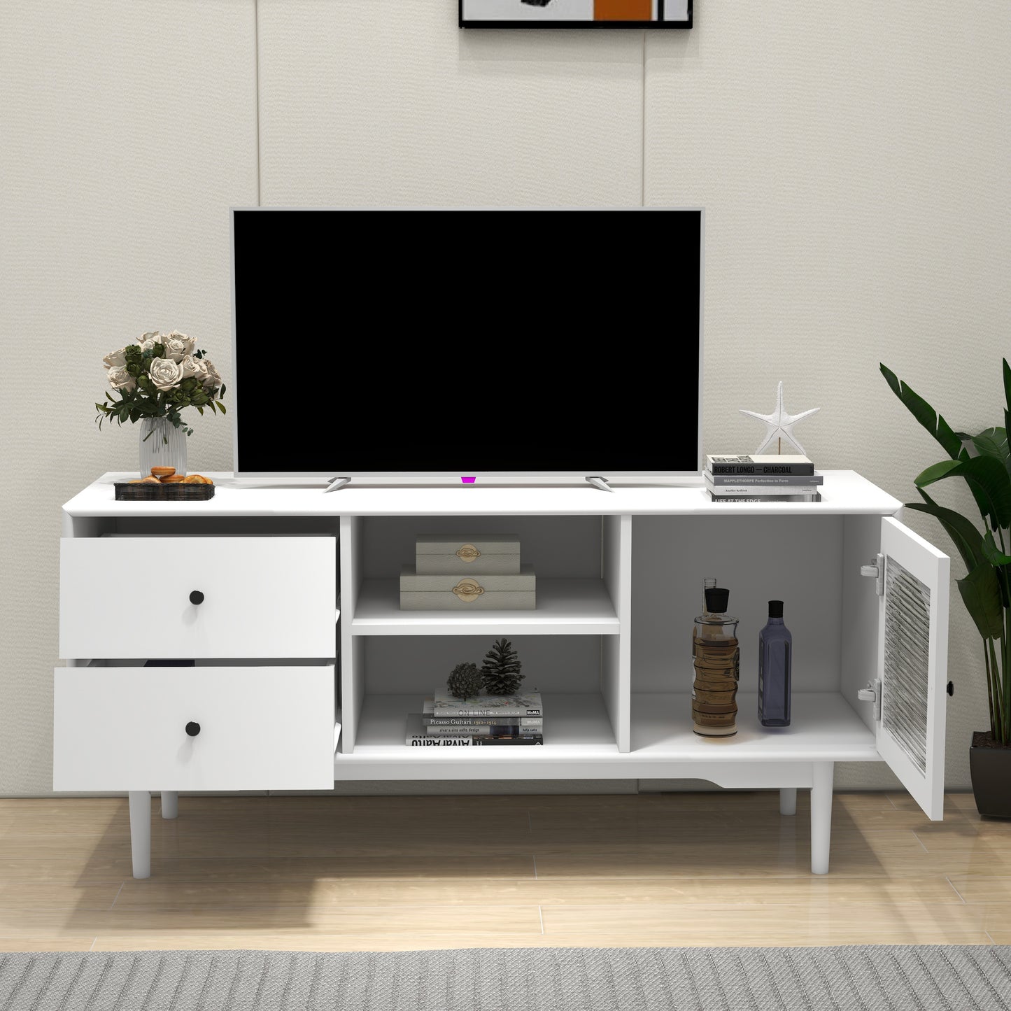 Living Room White TV Stand with Drawers and Open Shelves, A Cabinet with Glass Doors for Storage