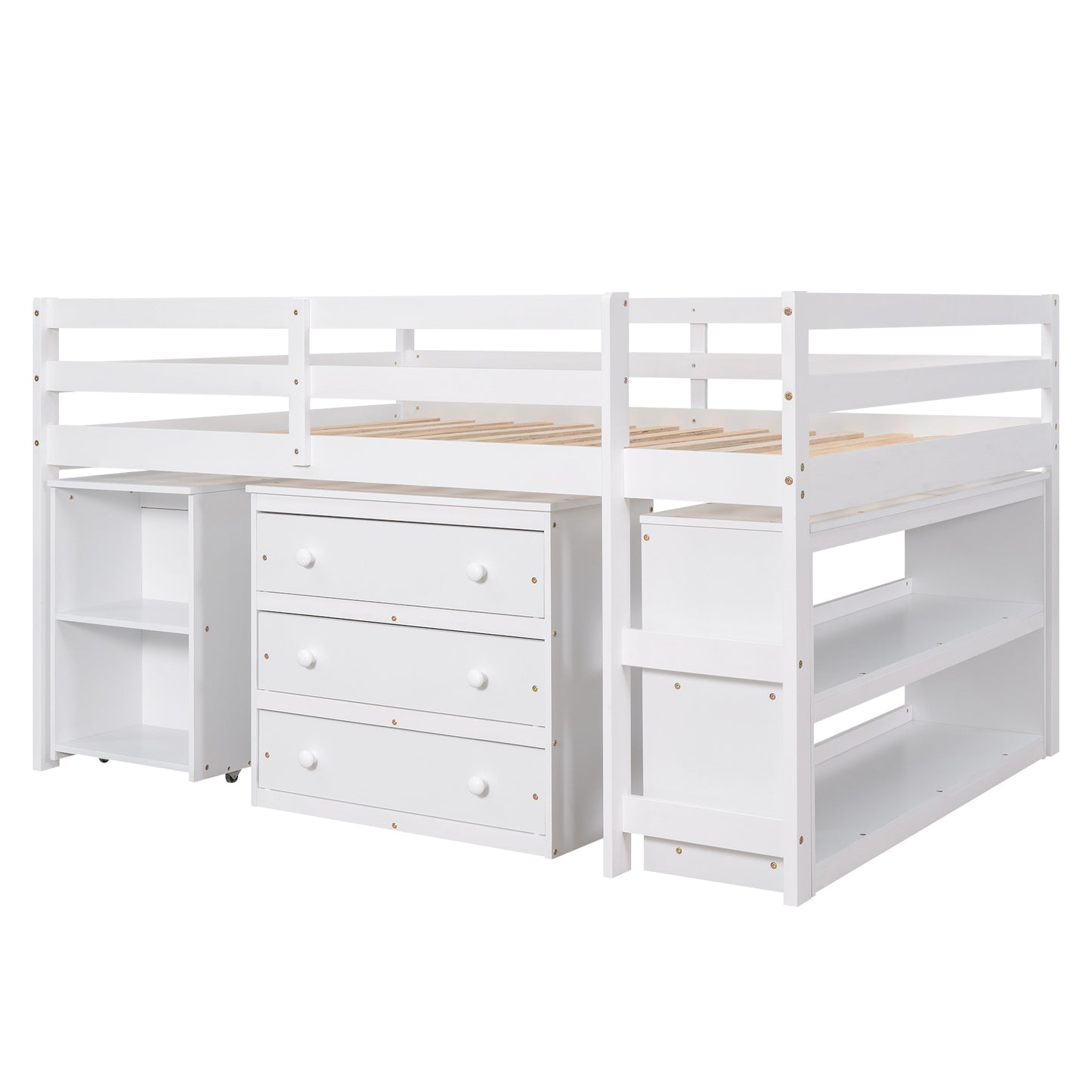 Low Study Full Loft Bed with Cabinet ,Shelves and Rolling Portable Desk ,Multiple Functions Bed- White