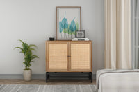 Natural rattan, 2 door cabinet, with 1 Adjustable Inner Shelves, rattan, Accent Storage Cabinet, Set of 2