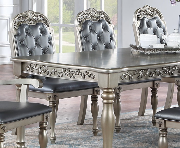 Traditional Silver / Grey Finish 9pc Dining Set Table w 2x Arm Chairs 6x Side Chairs Rubber wood Intricate Design Tufted back Cushion Seat Dining Room Furniture