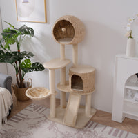 Cat Tree, 59-Inch Cat Tower for Indoor Cats, Plush Multi-Level Cat Condo with 2 Perches, 2 Caves, Cozy Basket and Scratching Board, Beige