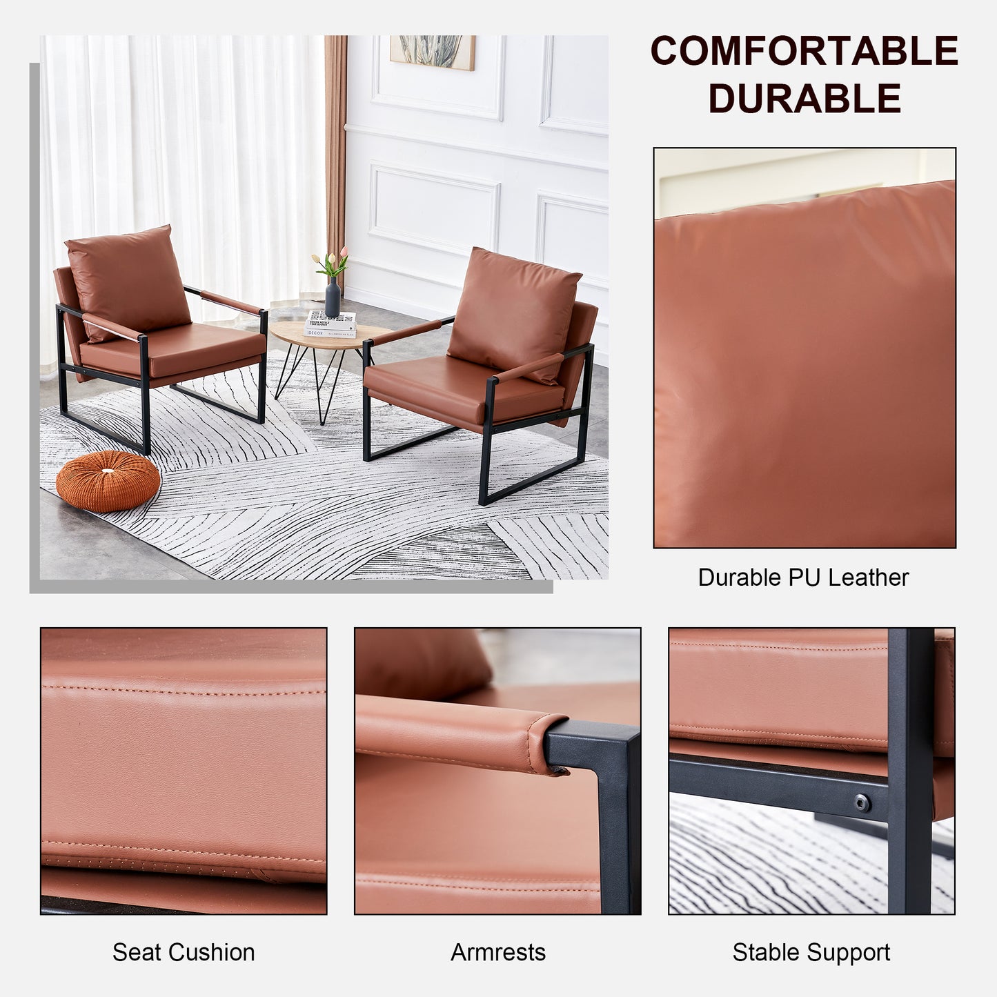 PU Leather Accent Arm Chair  Modern Upholstered Armchair with Metal Frame Extra-Thick Padded Backrest and Seat Cushion Sofa Chairs for Living Room ( Brown PU Leather + Metal Frame + Foam) SF-008