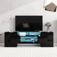 ON-TREND Unique Shape TV Stand with 2 Illuminated Glass Shelves, High Gloss Entertainment Center for TVs Up to 80", Versatile TV Cabinet with LED Color Changing Lights for Living Room, Black