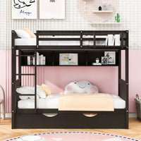 Twin-Over-Twin Bunk Bed with Twin size Trundle , Separable Bunk Bed with Bookshelf for Bedroom -Espresso