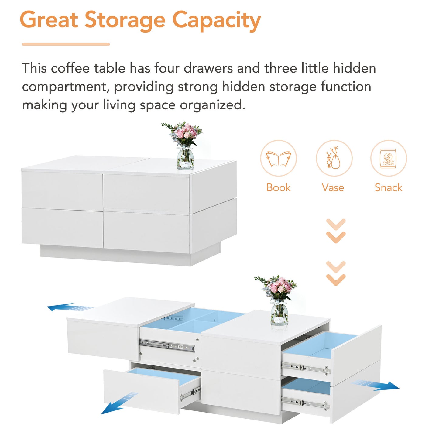 ON-TREND Extendable Coffee Table with 4 Drawers, Rectangle Cocktail Table with Hidden Storage Compartment, UV High-gloss Center Table with Sliding Top for Living Room, 35.4"x 23.6", White