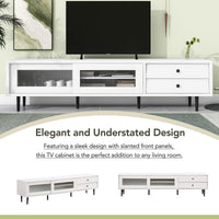 ON-TREND Chic Elegant Design TV Stand with Sliding Fluted Glass Doors, Slanted Drawers Media Console for TVs Up to 75", Modern TV Cabinet with Ample Storage Space, White