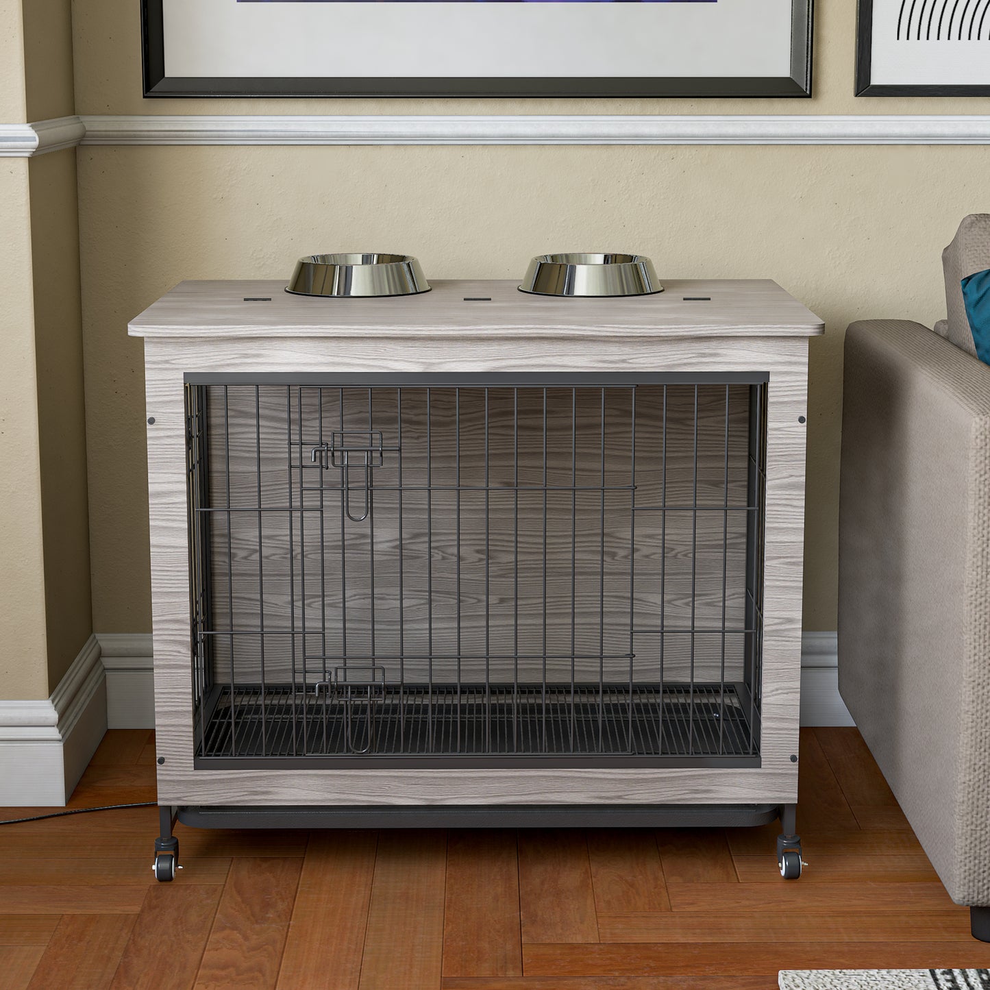 Dog Crate Furniture , 38'' Heavy Duty Wooden Dog Kennel with Double Doors & Flip-Top for Large Dogs, Furniture Style Dog Crate End Table with Wheels, Grey 38.3"L X 23.4"W X 32"H