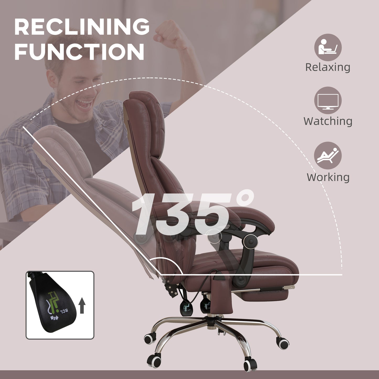 Vinsetto Executive Massage Office Chair with 4 Vibration, Computer Desk Chair, PU Leather Heated Reclining Chair with Adjustable Height, Swivel Wheels, Brown