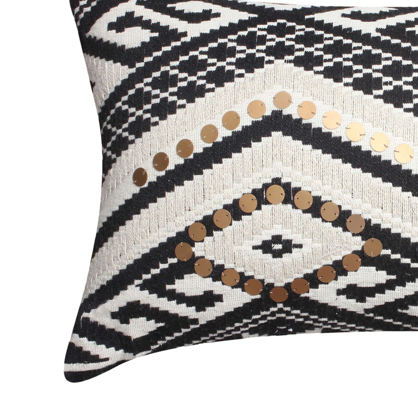 12 x 20 Rectangular Handwoven Jacquard Accent Lumbar Throw Pillow, Sequins, Geometric Design, White, Black