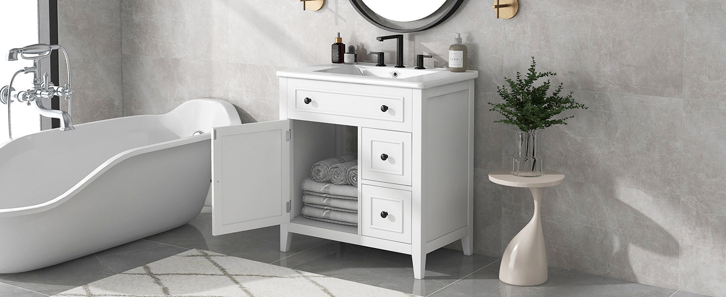 30" Bathroom Vanity with Sink Top, Bathroom Vanity Cabinet with Door and Two Drawers, Solid Wood Frame, One Package, White