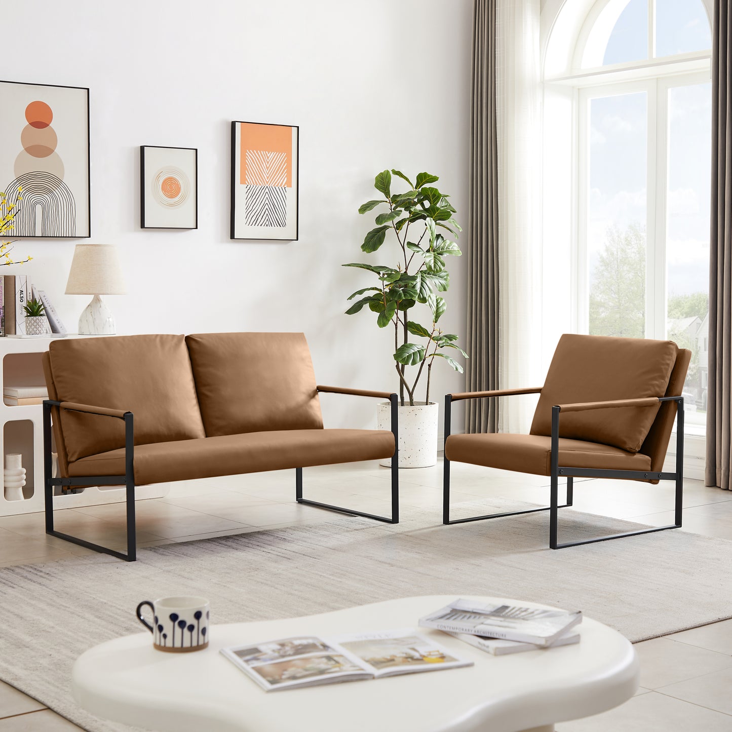 Lounge, living room, office or the reception area Leathaire accent arm chair with Extra thick padded backrest and seat cushion sofa chairs,Non-slip adsorption feet,sturdy metal frame,light tan