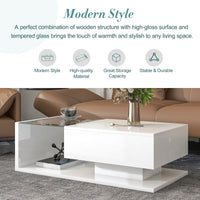 ON-TREND Modern Coffee Table with Tempered Glass, Wooden Cocktail Table with High-gloss UV Surface, Modernist 2-Tier Rectangle Center Table for Living Room, White