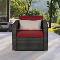 Outdoor Garden Patio Furniture 1-Piece Gray PE Rattan Wicker Sectional Red Cushioned Sofa with 1 Beige Pillow