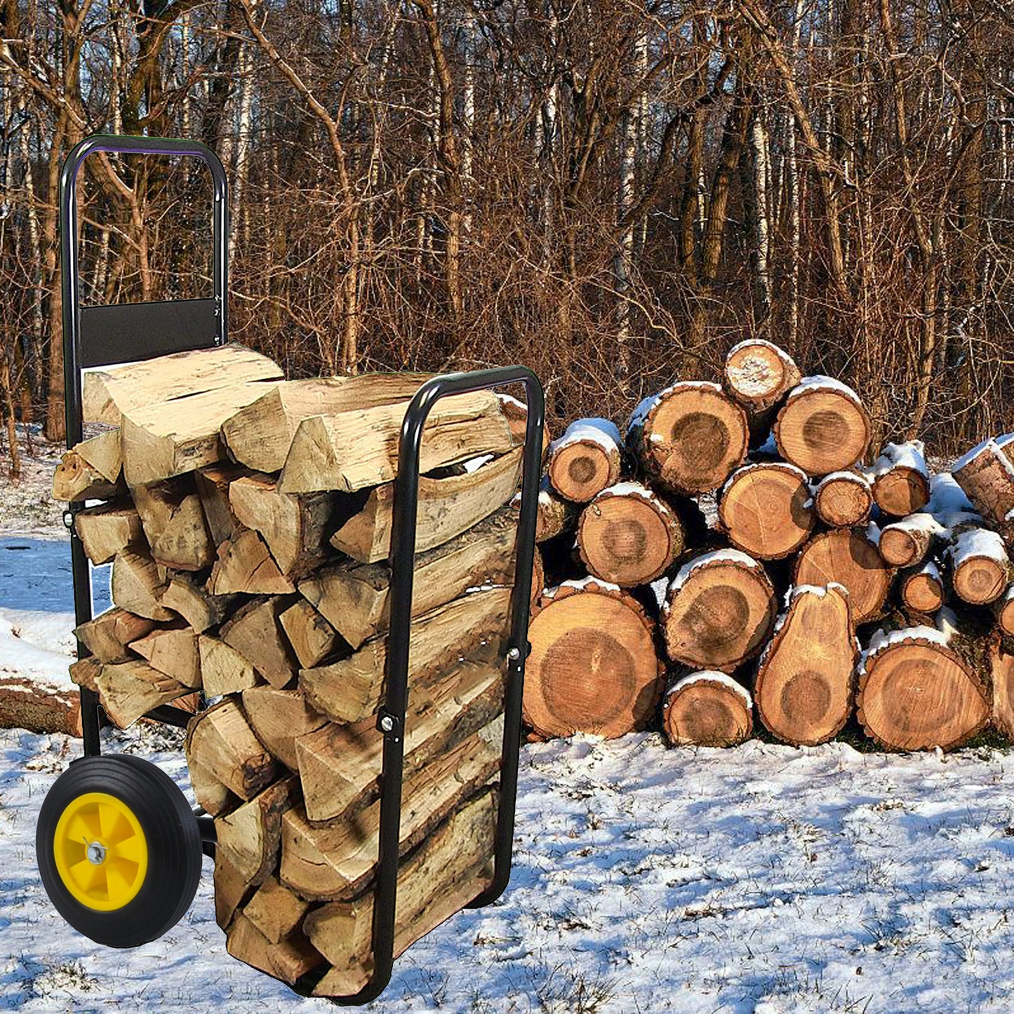 Firewood Log Cart Carrier - Outdoor or Indoor Black Steel Wood Rack Storage Mover - Rolling Wheeled Metal Dolly Hauler - Wood Moving Equipment