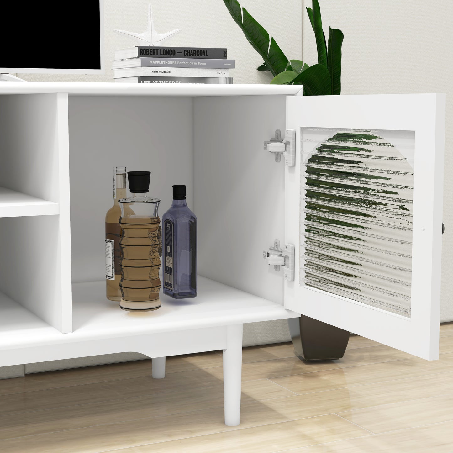 Living Room White TV Stand with Drawers and Open Shelves, A Cabinet with Glass Doors for Storage