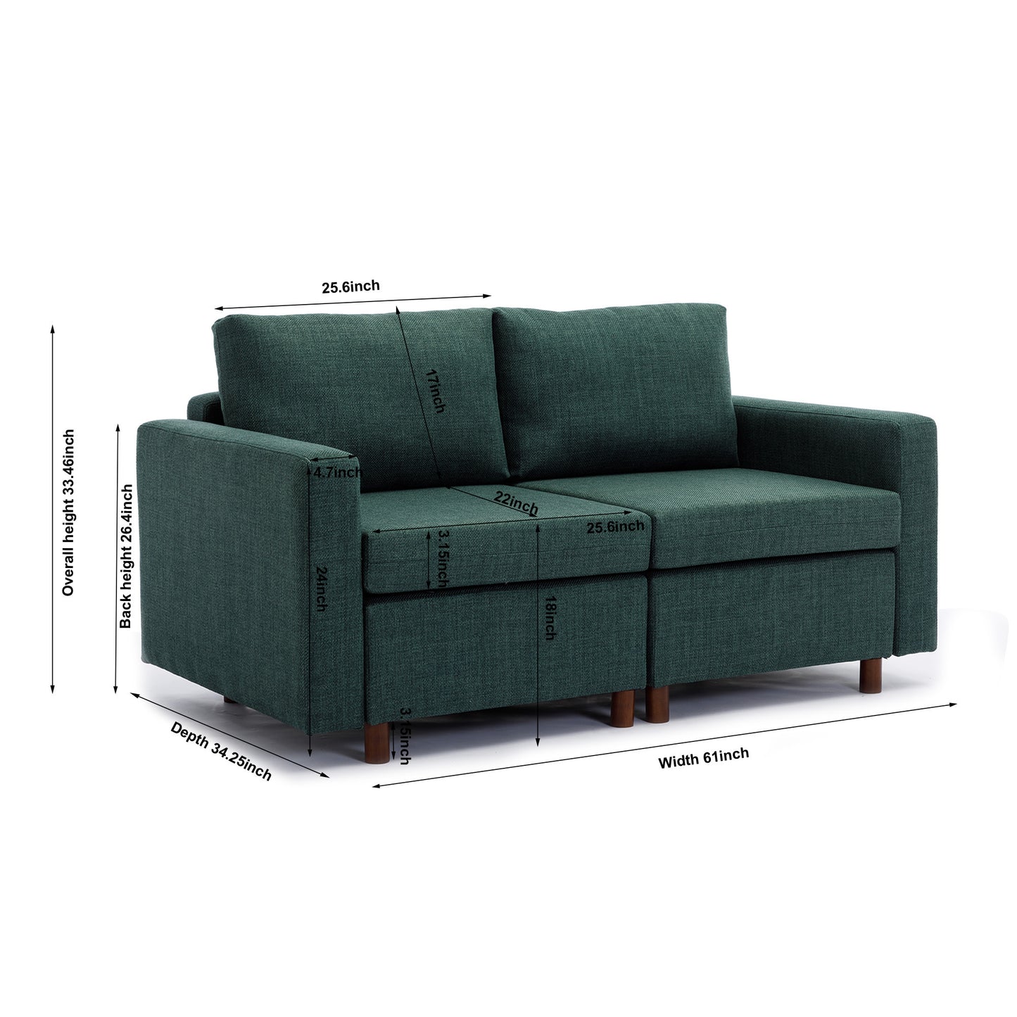 2 Seat Module Sectional Sofa Couch With 2 Ottoman for living room,Seat Cushion and Back Cushion Non-Removable and Non-Washable,Green