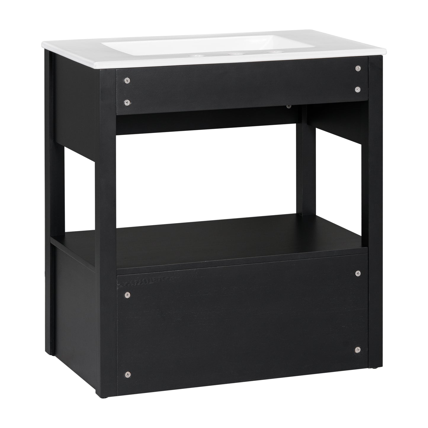 30" Bathroom Vanity with Sink Top, Bathroom Cabinet with Open Storage Shelf and Two Drawers, One Package, Black