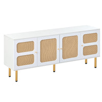 ON-TREND Boho style TV Stand with Rattan Door, Woven Media Console Table for TVs Up to 70'', Country Style Design Side Board with Gold Metal Base for Living Room, White.