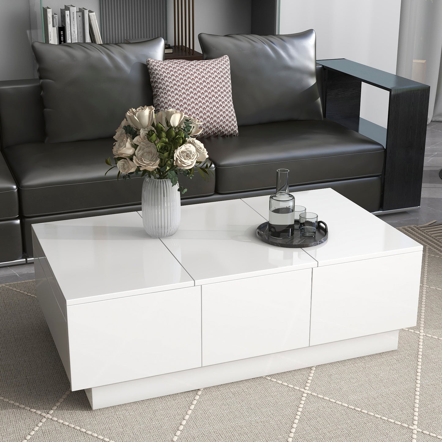 ON-TREND Multifunctional Coffee Table with 2 large Hidden Storage Compartment, Extendable Cocktail Table with 2 Drawers, High-gloss Center Table with Sliding Top for Living Room, 39.3"x21.6", White