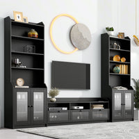 ON-TREND Chic Elegant Entertainment Wall Unit with Tall Cabinets, Modern TV Console Table for TVs Up to 65", Multifunctional TV Stand Set with Acrylic Board Door, Black