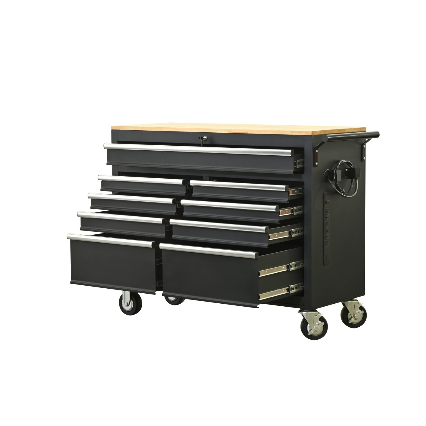 Premium 46-Inch Rolling Tool Chest with Wooden Top and 9 Drawers - 1500 lbs Load Capacity, Casters, Handle, Power Strip, Locking System - Perfect Mobile Storage Cabinet for Your Tools and Equipment.