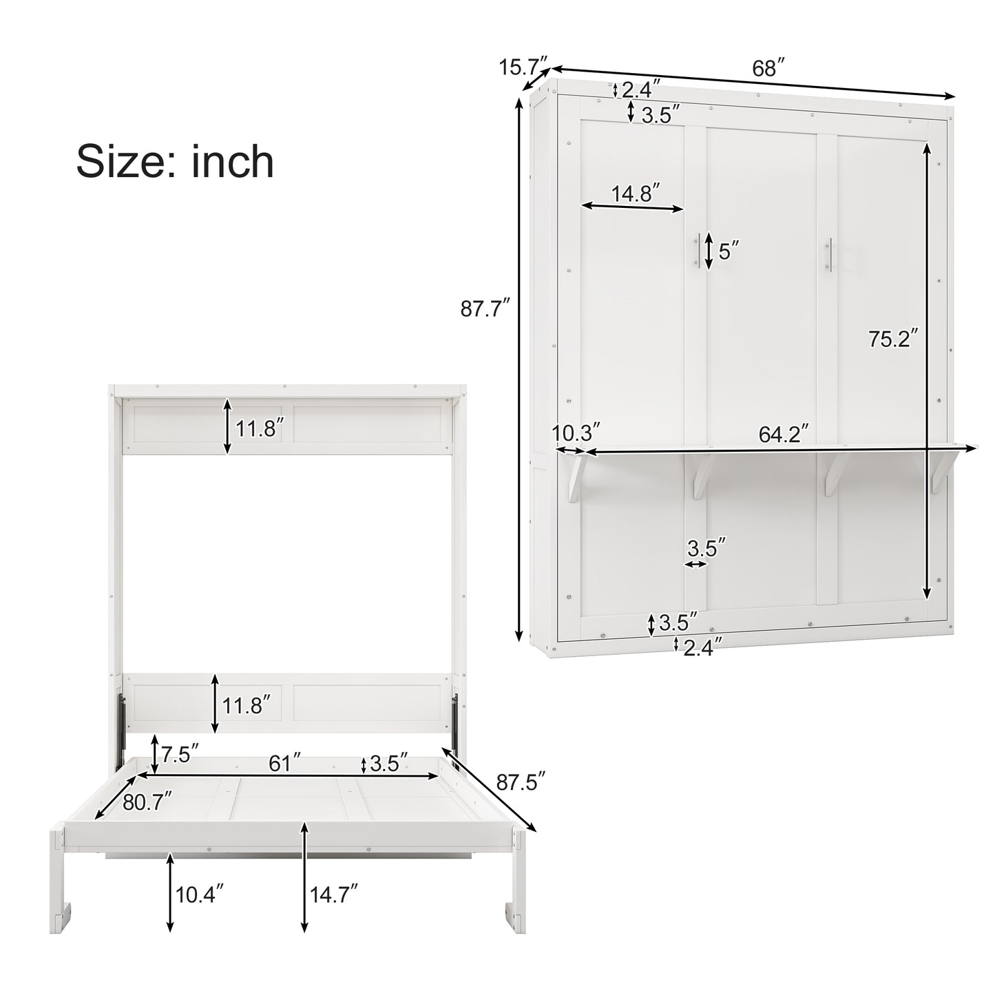 Queen Size Murphy Bed with 1 Side Cabinet Storage Shelf, 68-inch Cabinet Bed Folding Wall Bed with Desk Combo Perfect for Guest Room, Study, Office, Antique Grey White