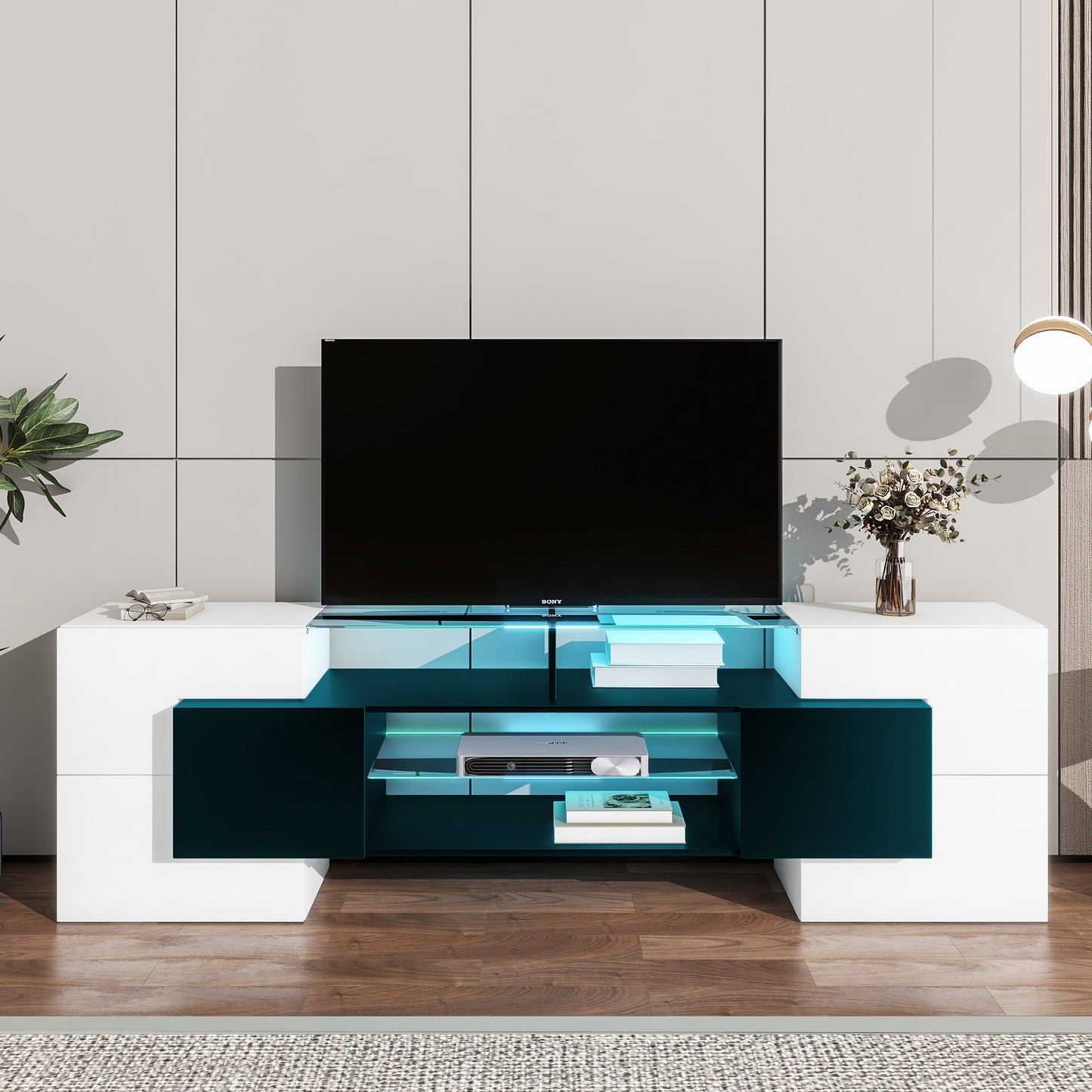 ON-TREND Unique Shape TV Stand with 2 Illuminated Glass Shelves, High Gloss Entertainment Center for TVs Up to 80", Versatile TV Cabinet with LED Color Changing Lights for Living Room, Black&White