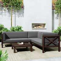 TOPMAX Outdoor Wood Patio Backyard 4-Piece Sectional Seating Group with Cushions and Table X-Back Sofa Set for Small Places, Brown Finish+Gray Cushions