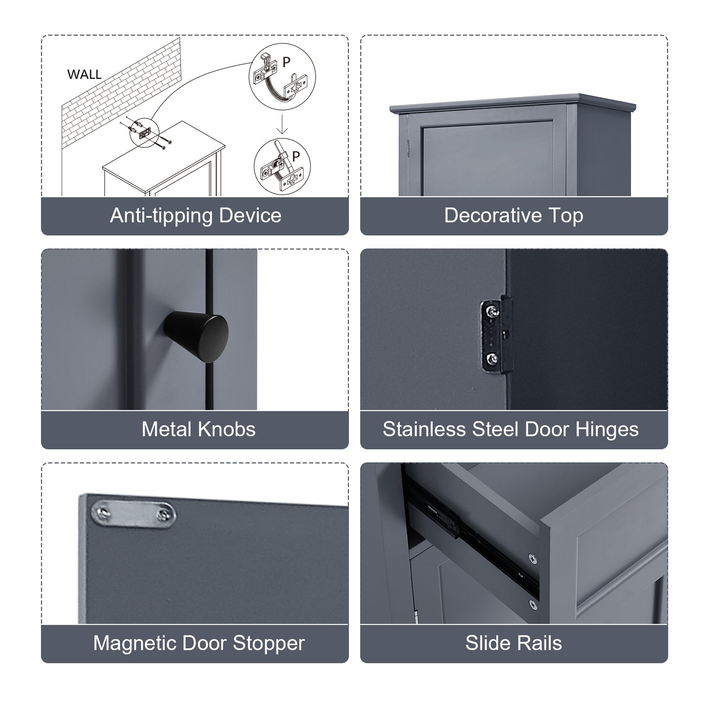 Bathroom Storage Cabinet, Tall Storage Cabinet with Two Doors and Drawer, Adjustable Shelf, Grey