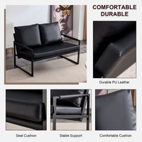 Sofa set. PU leather armchair metal frame cushion armchair, cushion backrest, living room sofa 1 double sofa+2 single sofa (black PU leather+metal frame+foam) SF-008 SF-D008