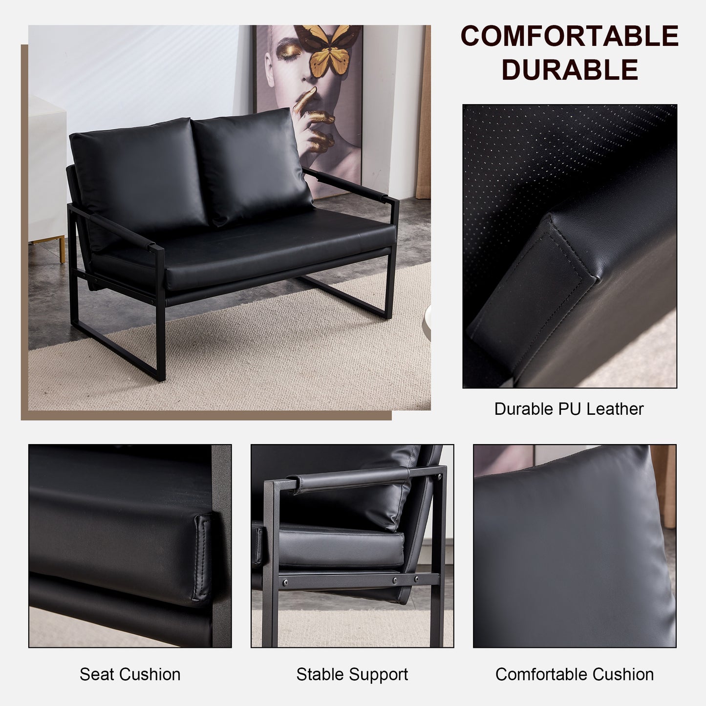 Sofa set. PU leather armchair metal frame cushion armchair, cushion backrest, living room sofa 1 double sofa+1 single sofa (black PU leather+metal frame+foam) SF-008 SF-D008